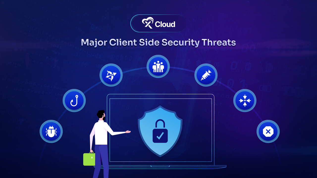 Illustration of common website security threats around a shield and lock