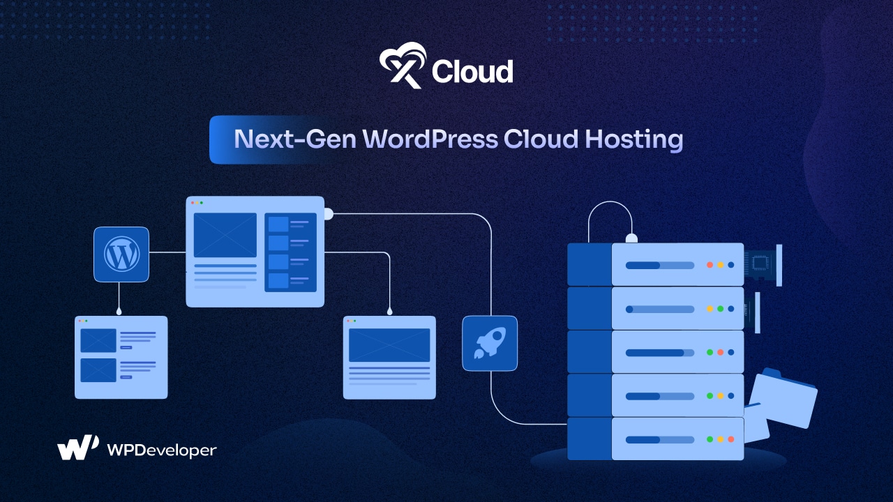 xCloud WordPress cloud hosting illustration connecting WordPress sites to a server stack