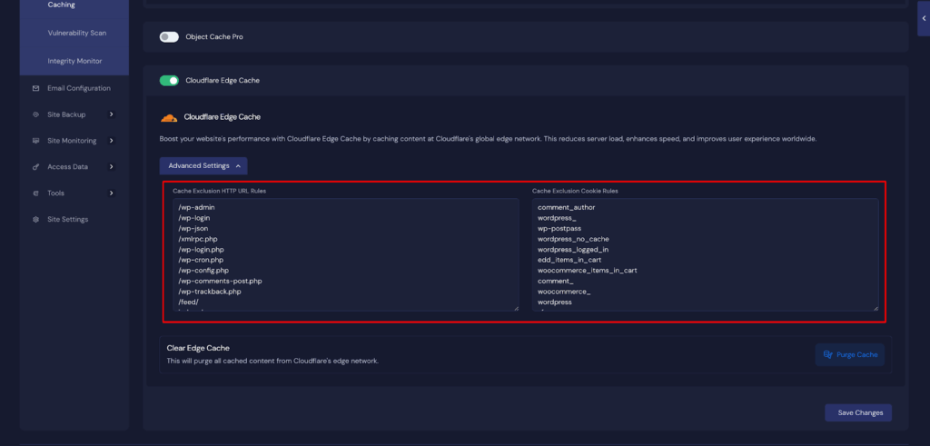 Edge Caching advanced settings with cache exclusion URL and cookie rules