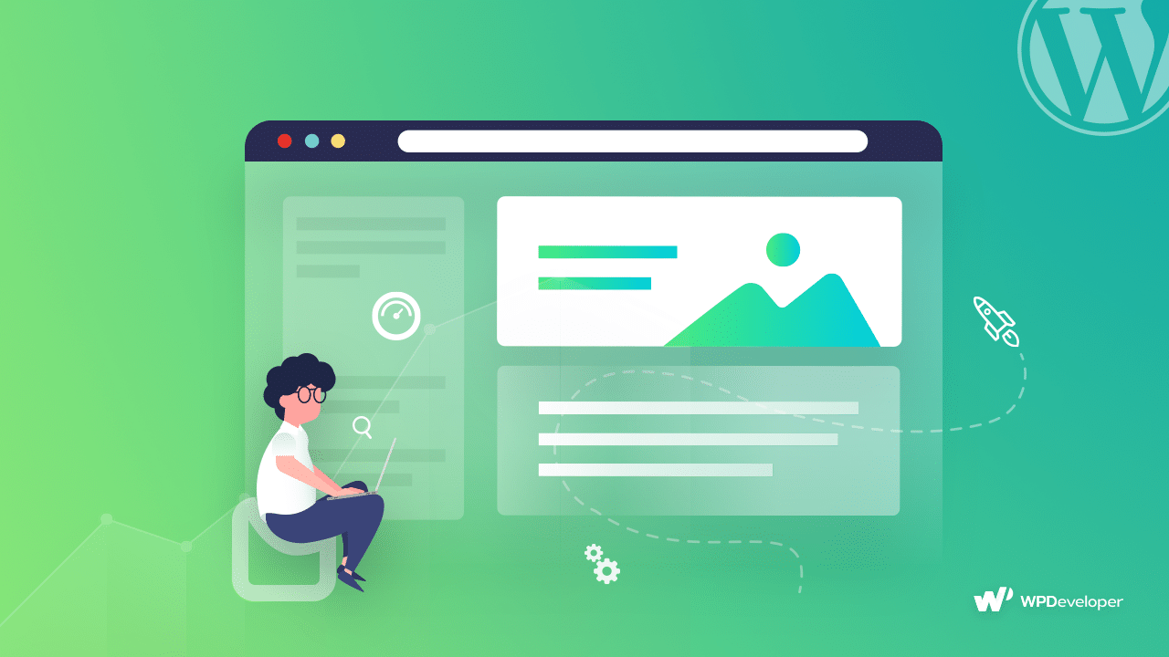 Illustration of a person browsing a fast-loading WordPress site