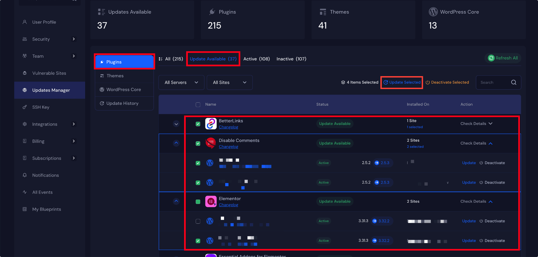 xCloud dashboard showing a list of WordPress plugins and their update status