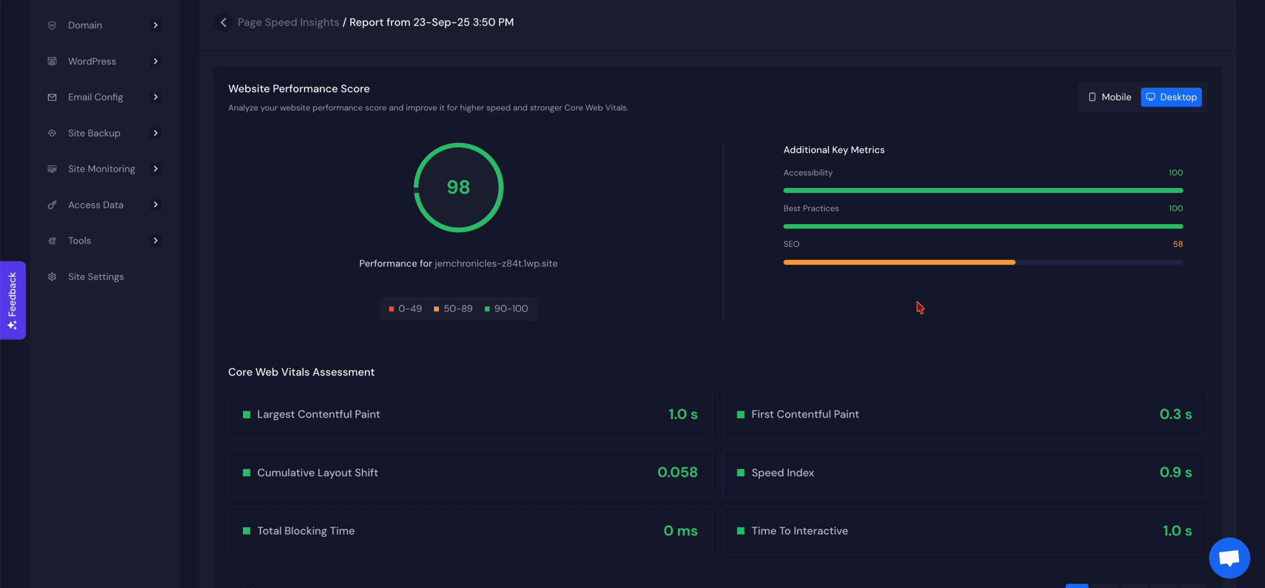 xCloud Page Speed Insights report with a performance score of 98 and Core Web Vitals assessment