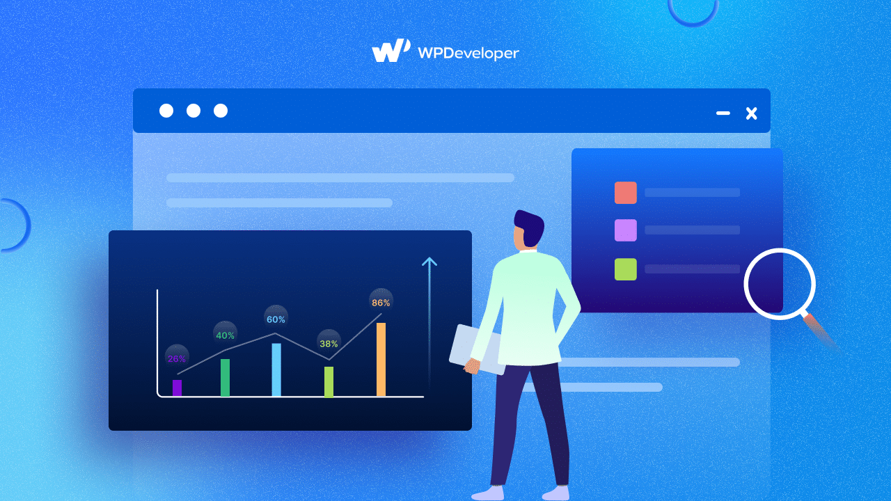Illustration of a person reviewing a rising website traffic chart