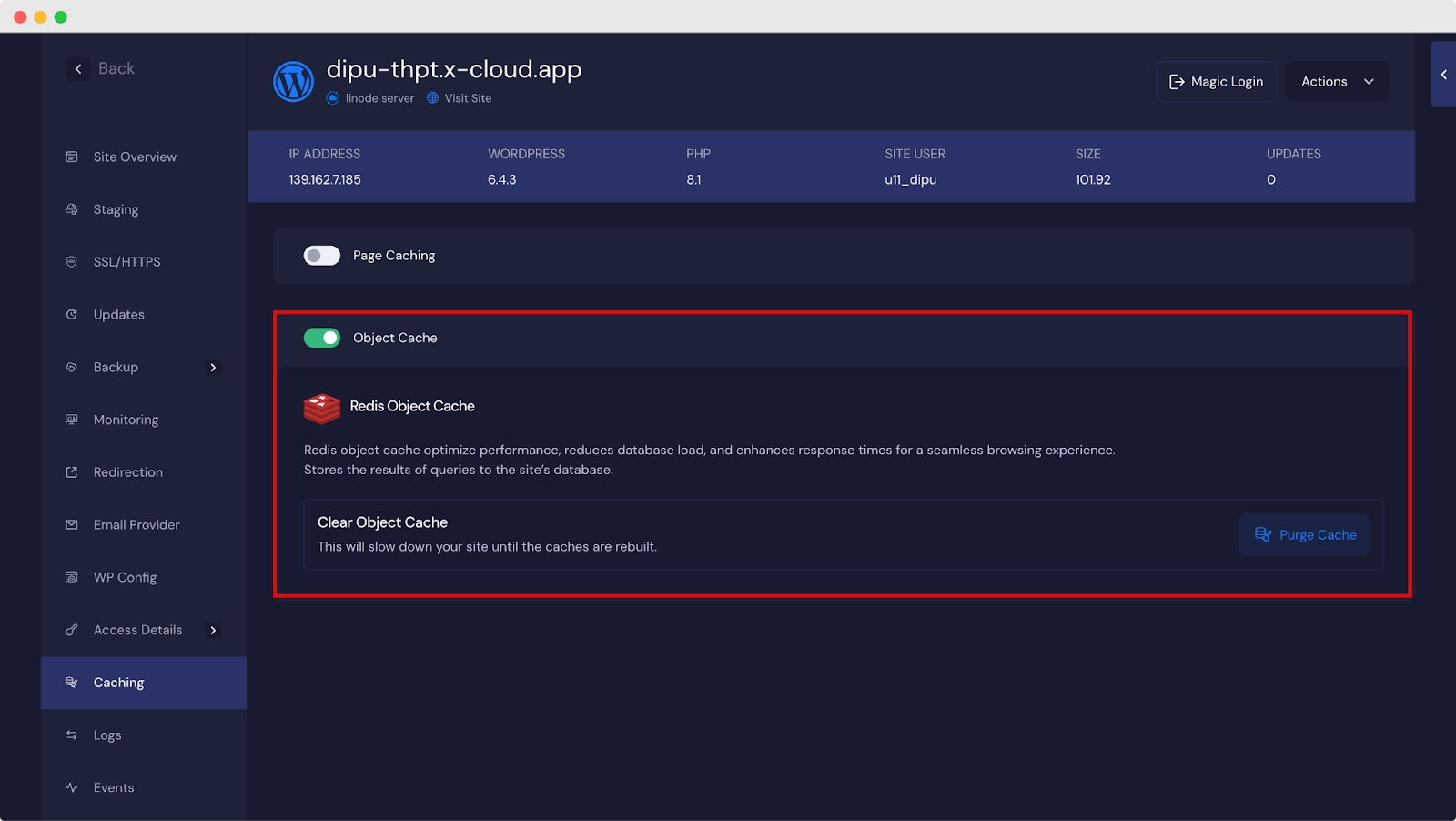Redis object caching settings for a site in the xCloud dashboard
