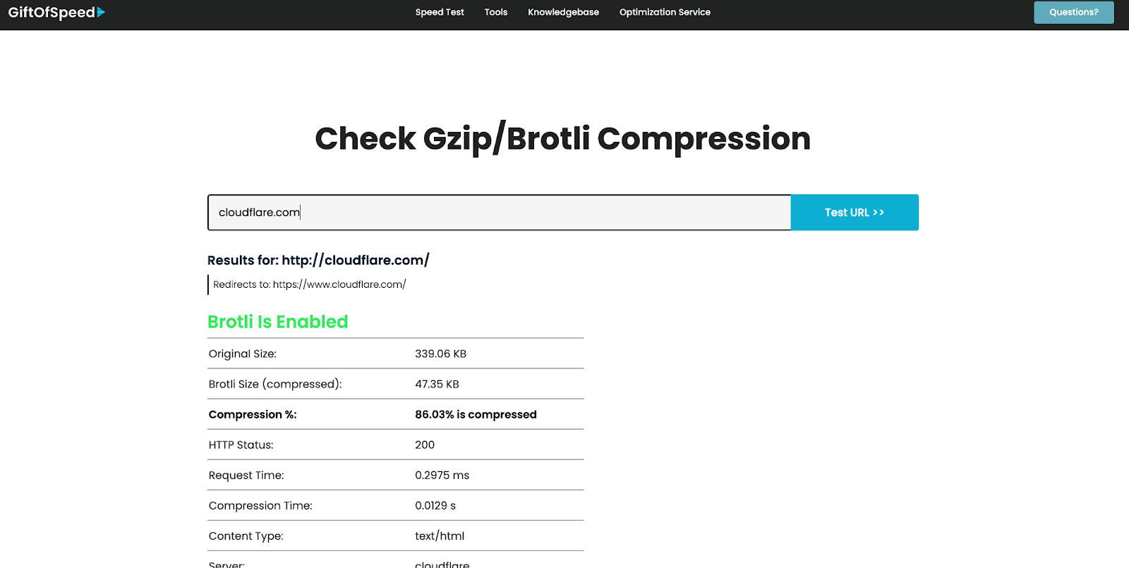 GiftOfSpeed compression test result showing Brotli as the content encoding