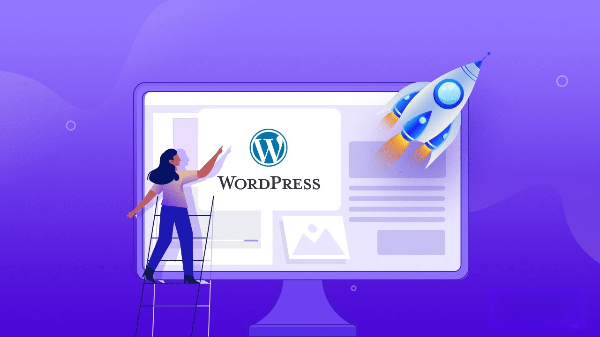 Illustration of a WordPress site on a monitor with a rocket for faster loading