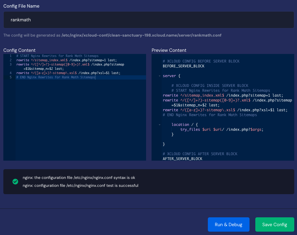 Run & Debug showing a green success message for a valid configuration