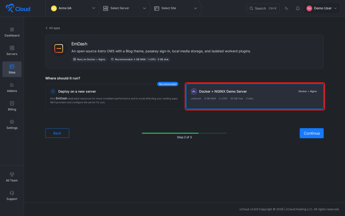 Select a compatible Docker and NGINX server for EmDash