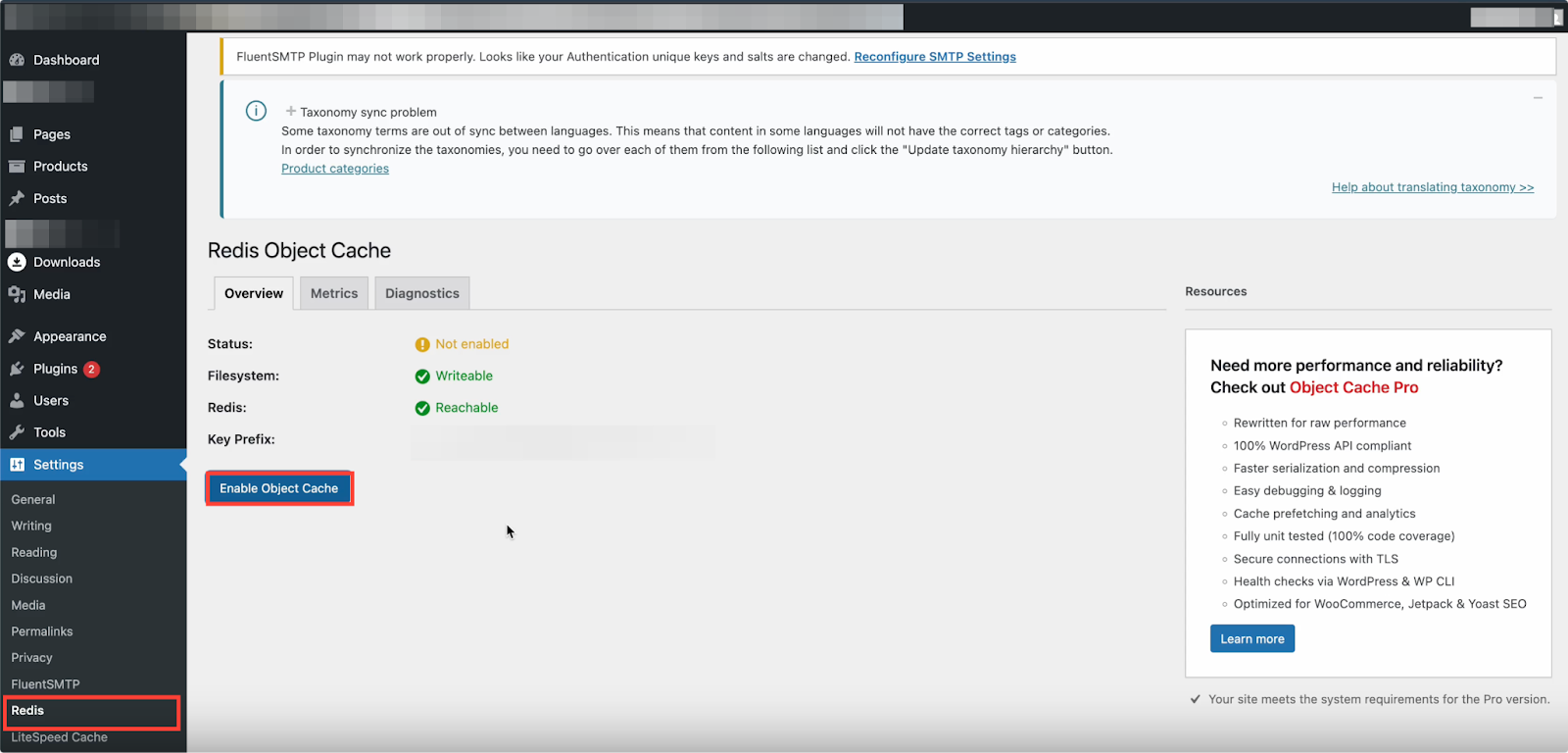 Enable Redis Object Cache Plugin