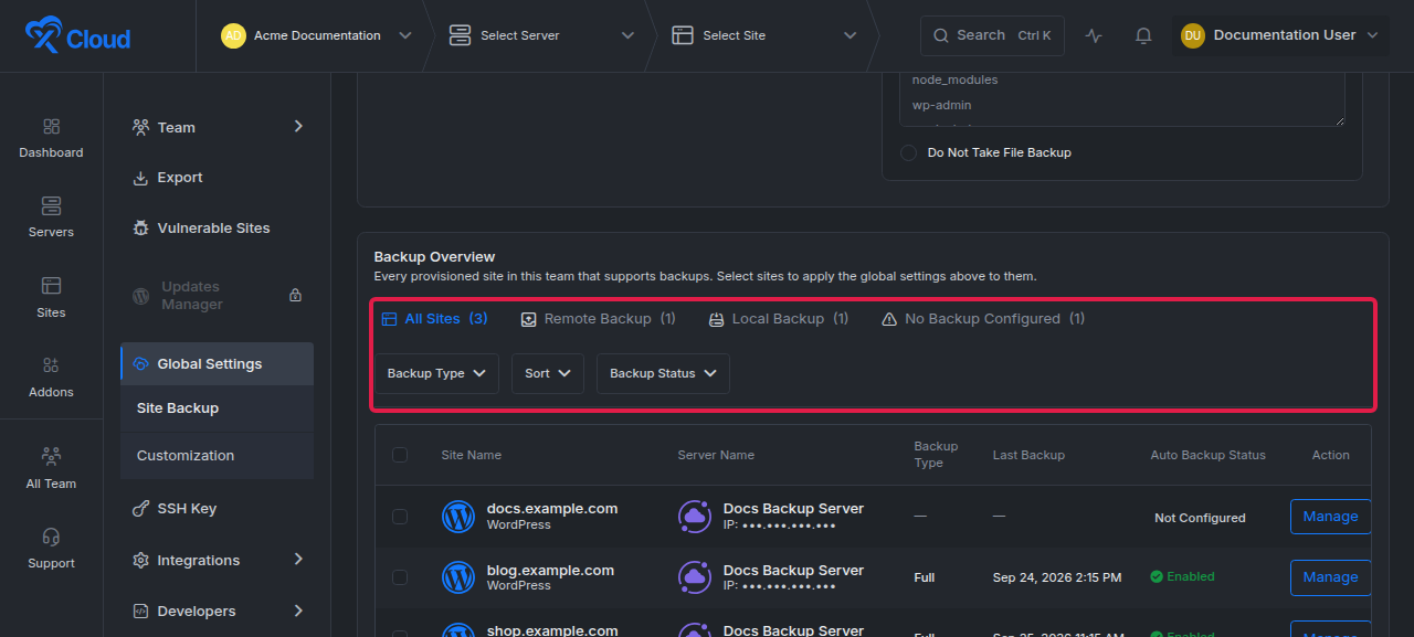 The Backup Overview with the All Sites, Remote Backup, Local Backup and No Backup Configured tabs and the Backup Type, Sort and Backup Status filters highlighted