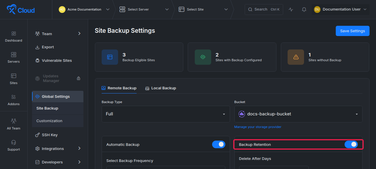 The global Site Backup Settings page with the Remote Backup form; the Backup Retention toggle and Delete After Days field are highlighted