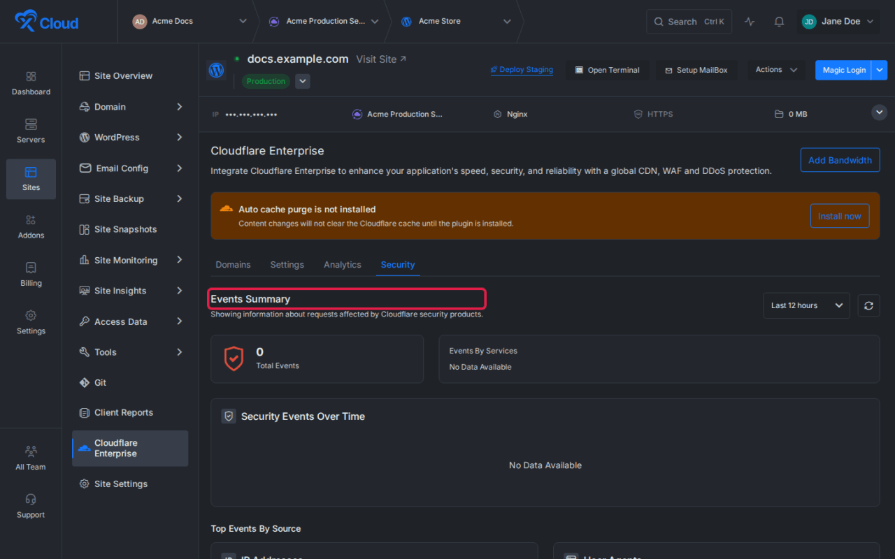 The Cloudflare Enterprise security events view.