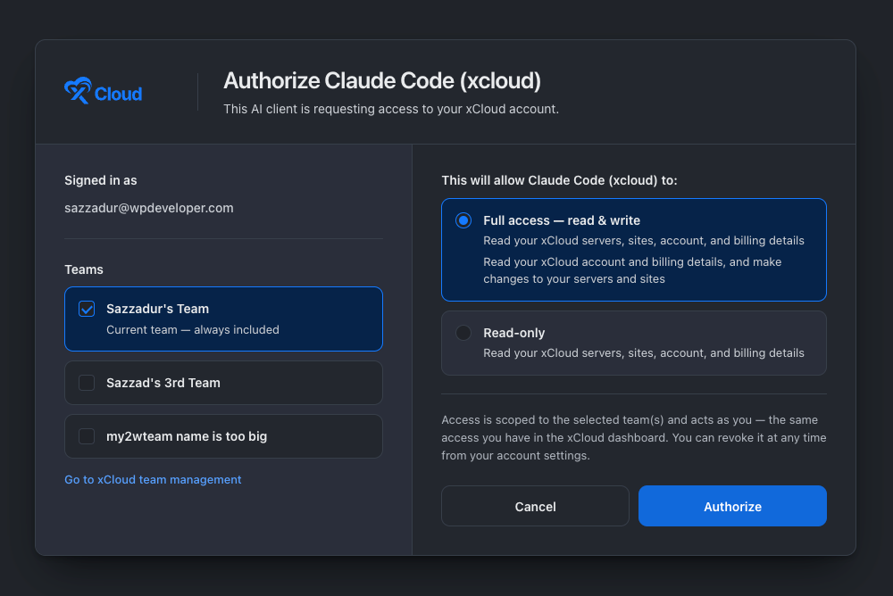 The xCloud authorization screen for an MCP client: the signed-in account, a Teams list where the current team is always included and other teams can be ticked, and the choice between Full access and Read-only