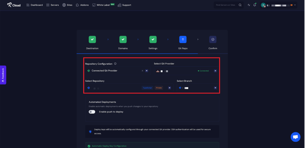 Choose your Git provider, select the repository, and pick the branch you want to deploy.