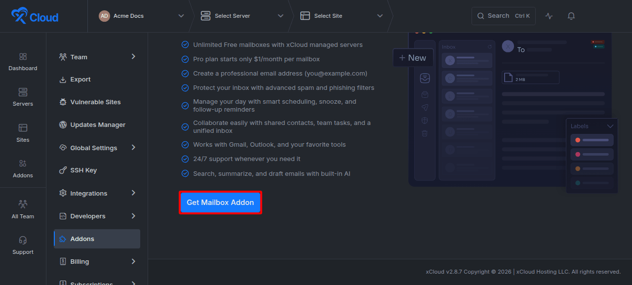 Enabling the MailBox Addon from its overview.