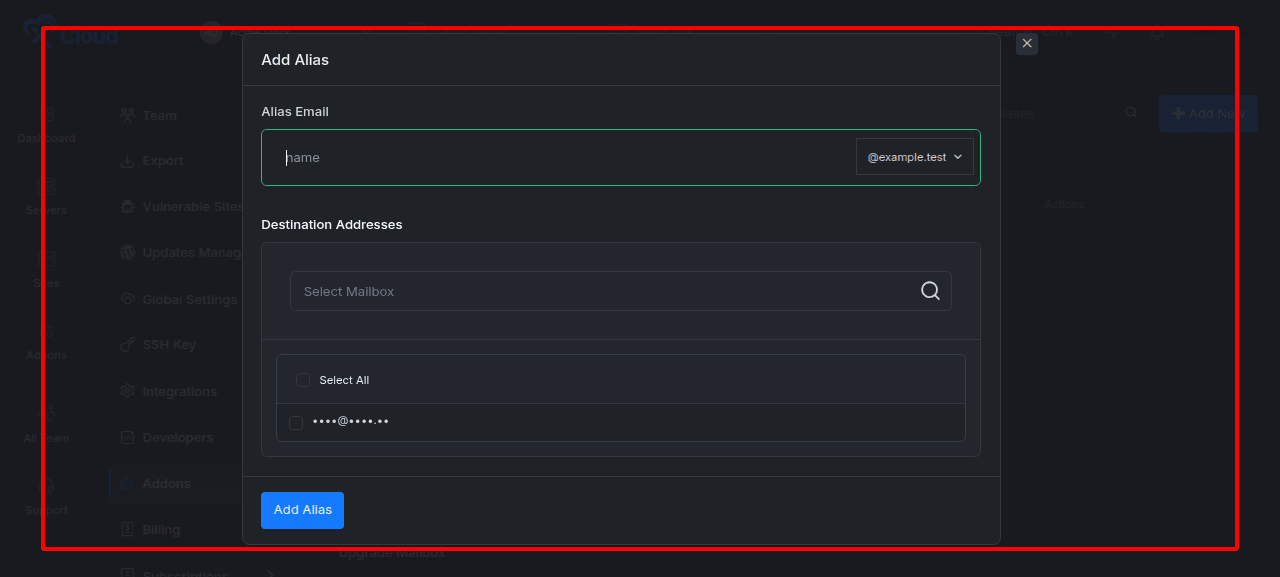 Adding an email alias for the mailbox.