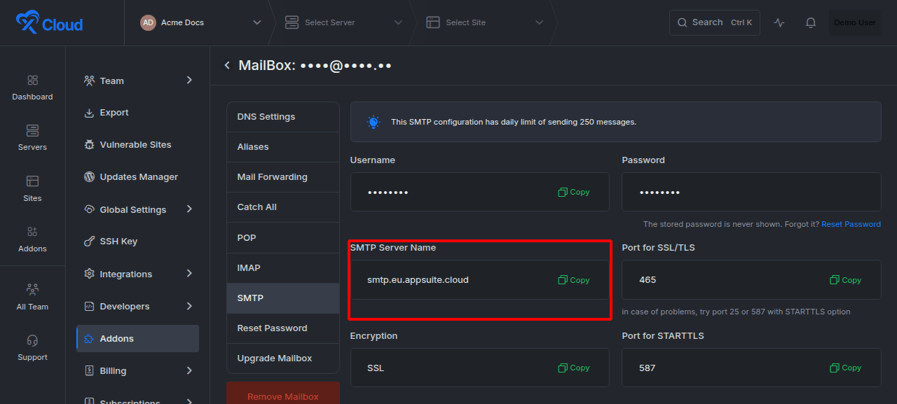 The SMTP outgoing server settings.