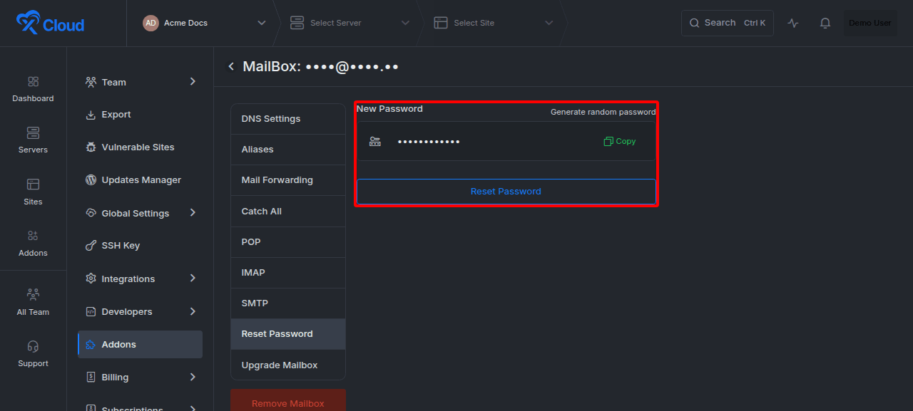 Resetting the mailbox password.
