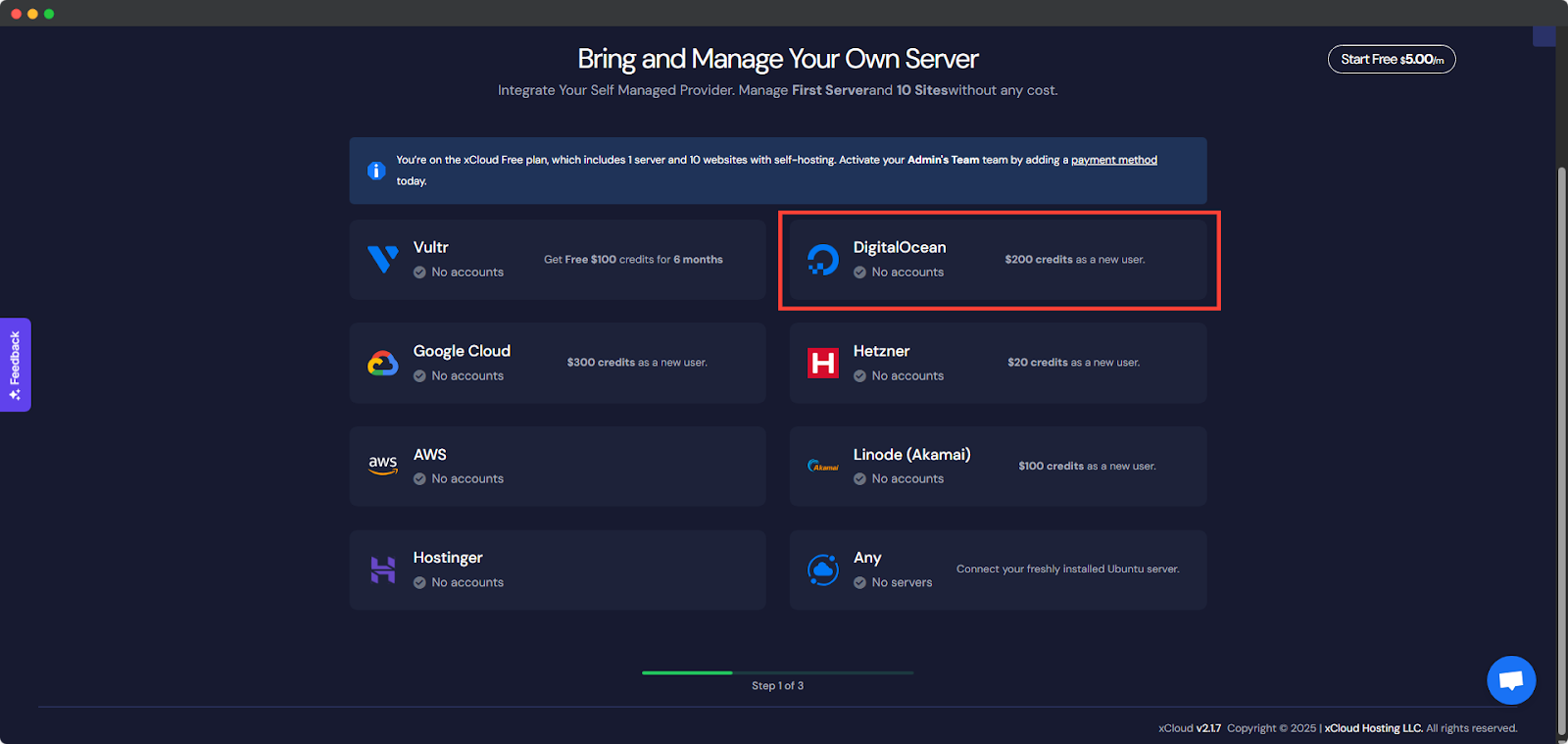 Next, choose your DigitalOcean server to deploy Supabase with xCloud.