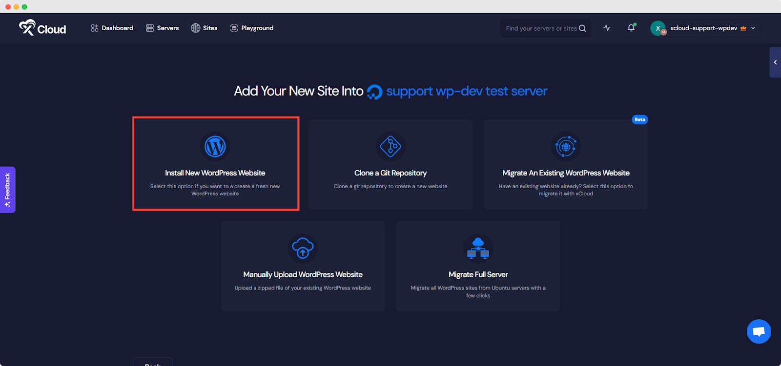 Choosing Install New WordPress Website in xCloud