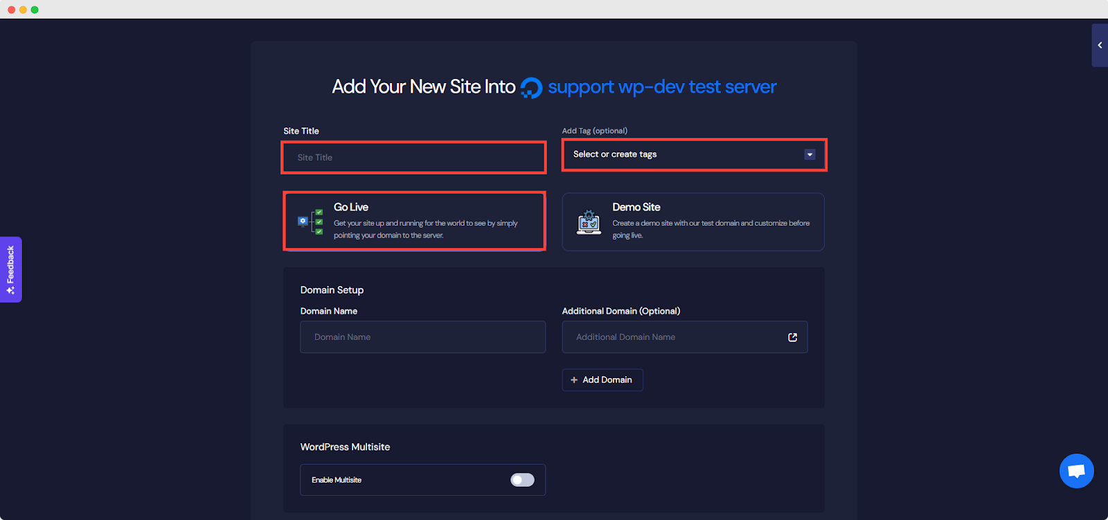 Choosing a demo domain or Go Live with a custom domain