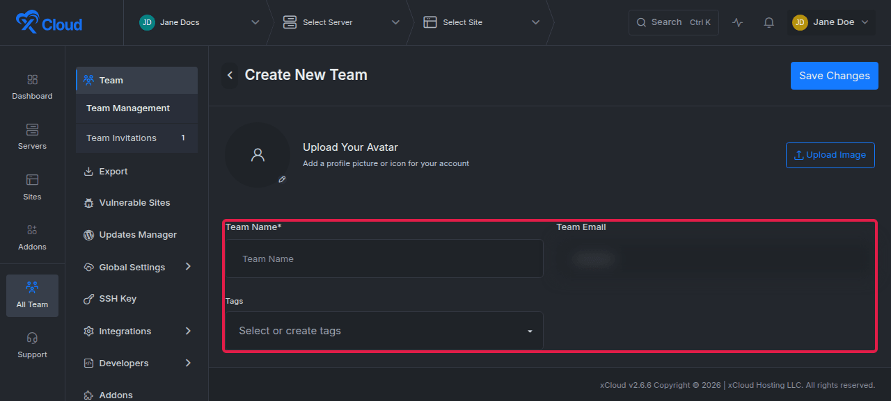 Enter the Team Name and Team Email, and optionally add Tags.
