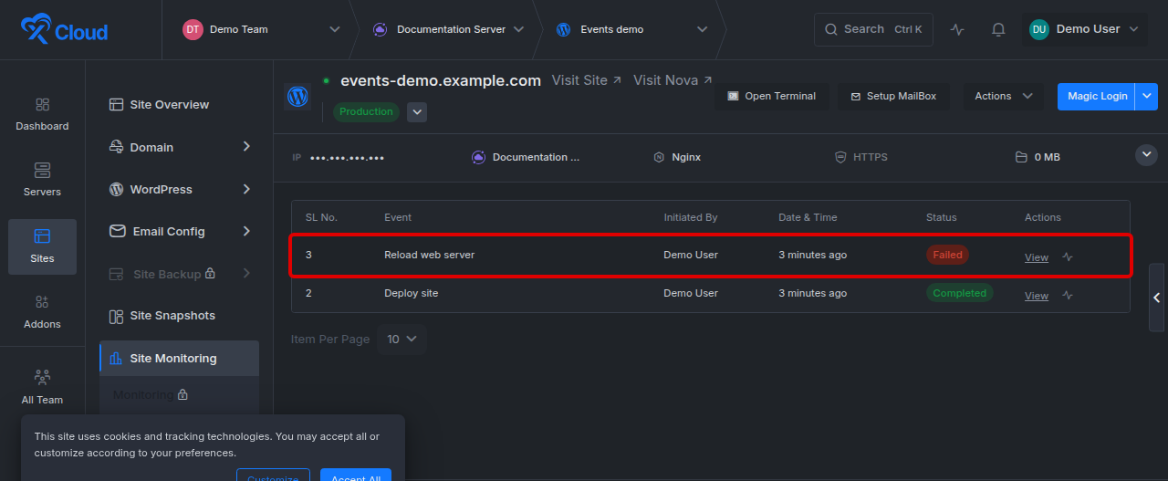 The site Events table with a row marked Failed in red and its View action