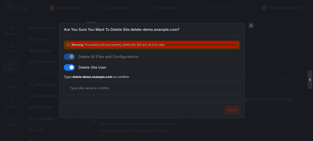 The site deletion confirmation dialog.