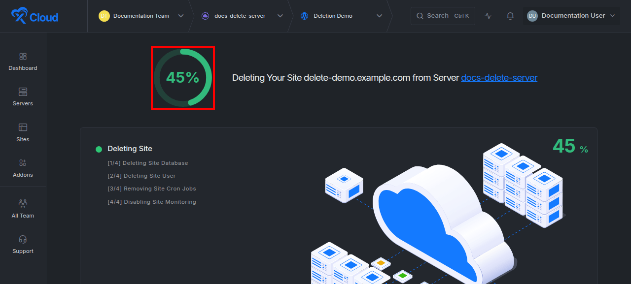 The site deletion progress page.