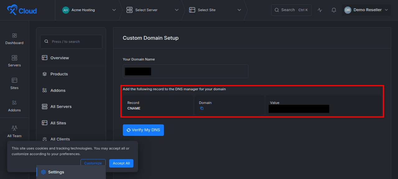 Adding and verifying the custom reseller domain DNS record.