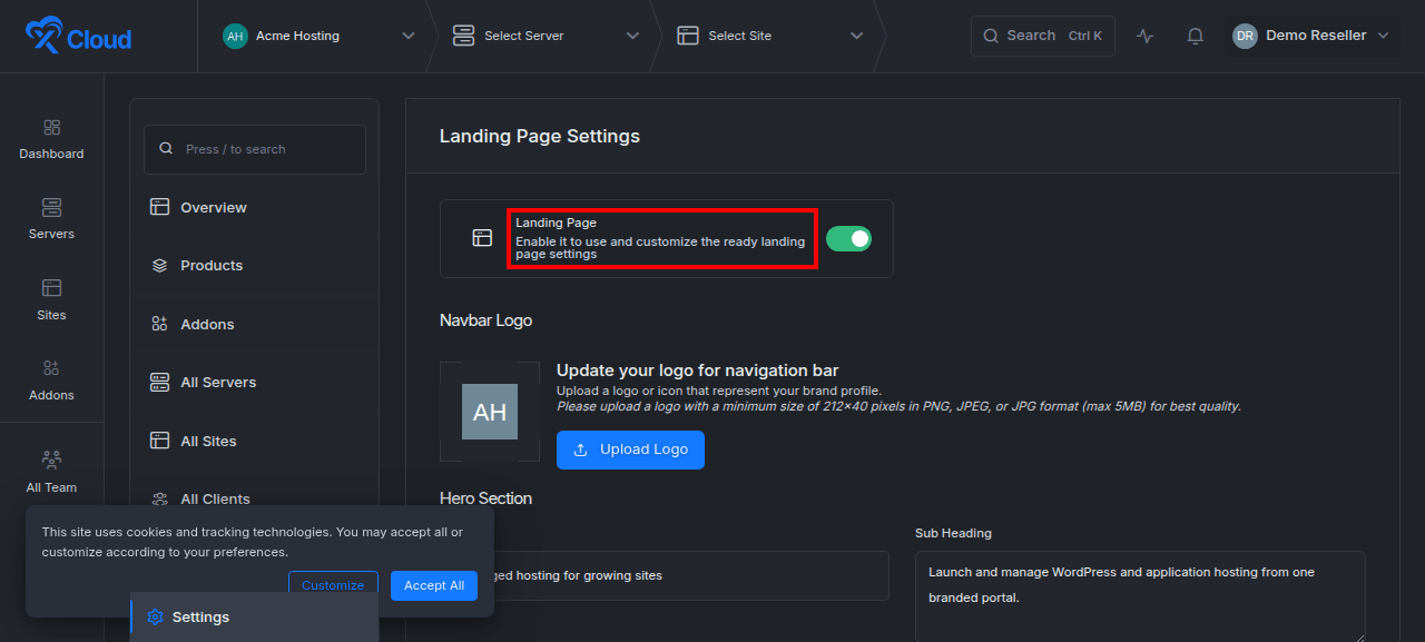 The reseller landing-page settings.
