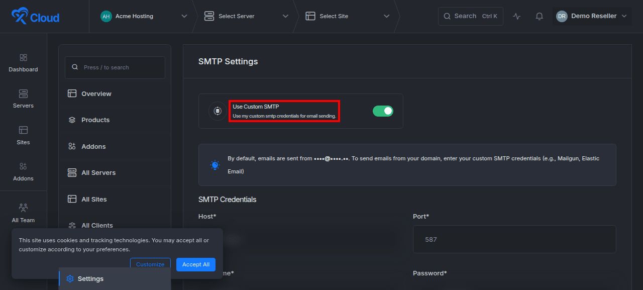 Configuring custom reseller SMTP.