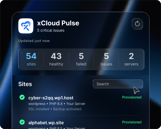 The Pulse panel in close-up: account totals across the top, then a searchable list of sites with their status, PHP version and backup state.